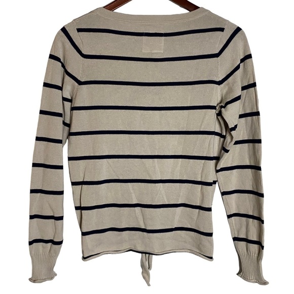 Chaser Long Sleeve Ribbed Beige Black Stripes  V-Neck Tie Front Sweater Small S - Picture 2 of 16